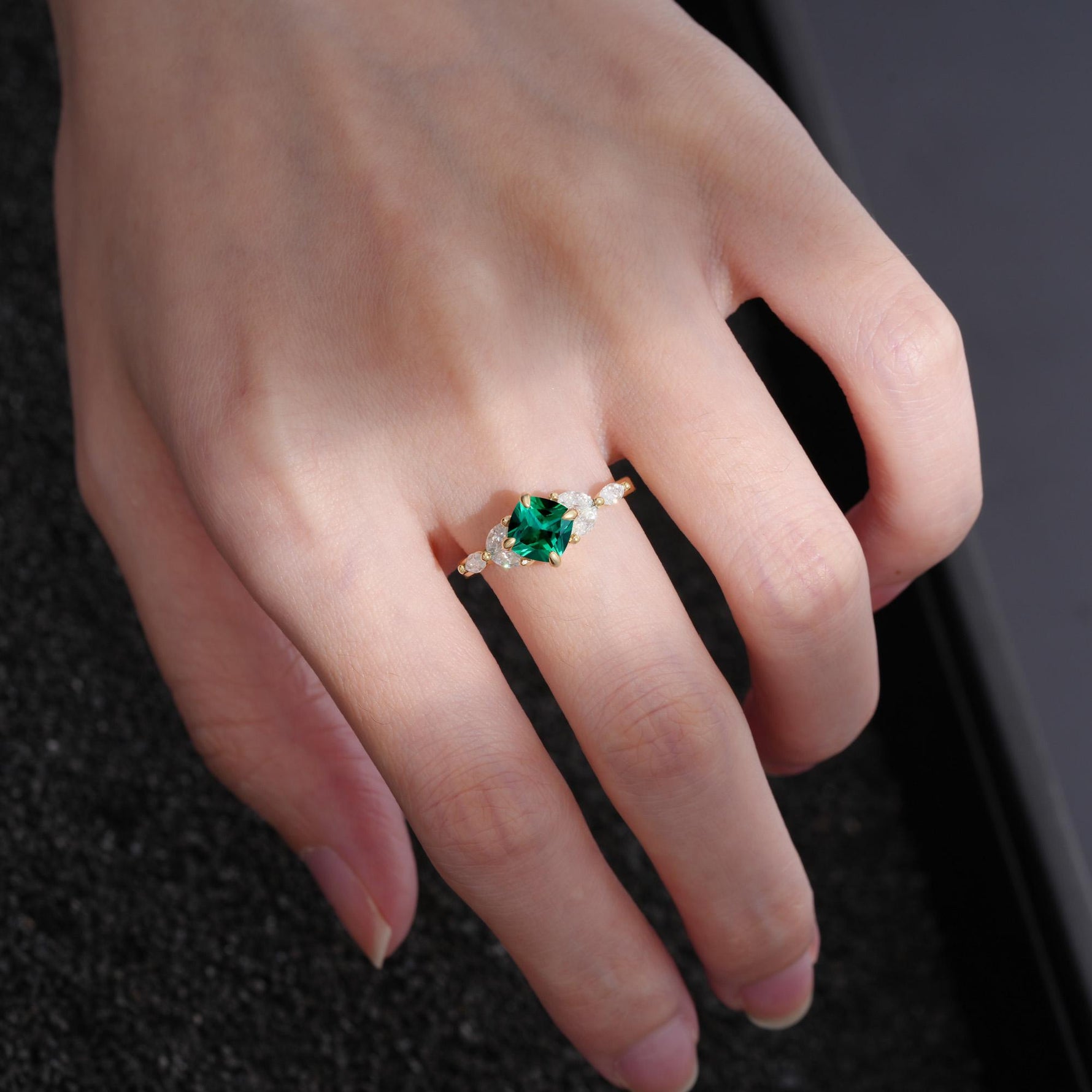 Vintage-Inspired Princess Cut Emerald Cluster Engagement Ring - Additional view