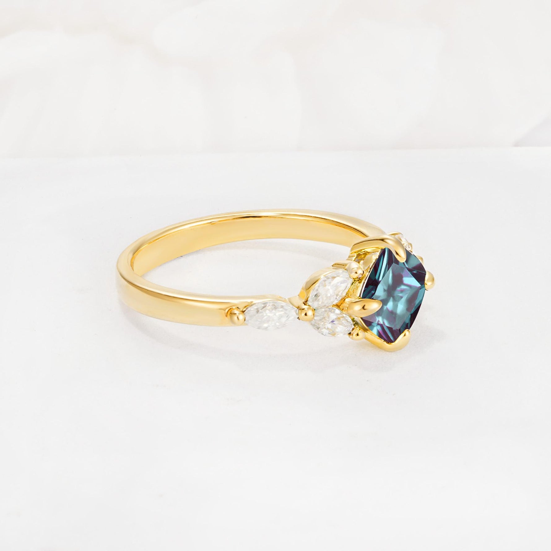 Vintage-Inspired Princess Cut Alexandrite Cluster Engagement Ring - Additional view