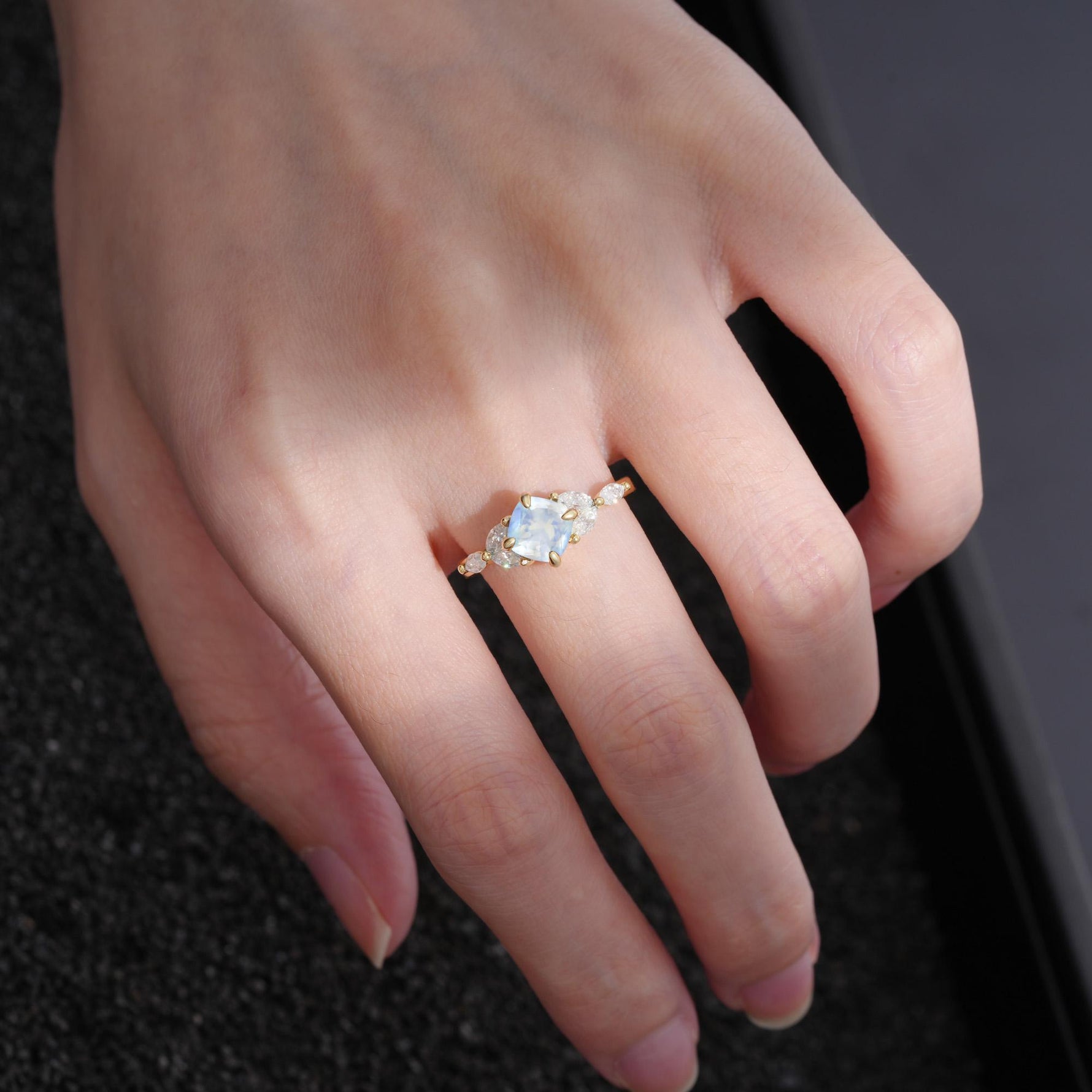 Vintage-Inspired Princess Cut Moonstone Cluster Engagement Ring - Additional view
