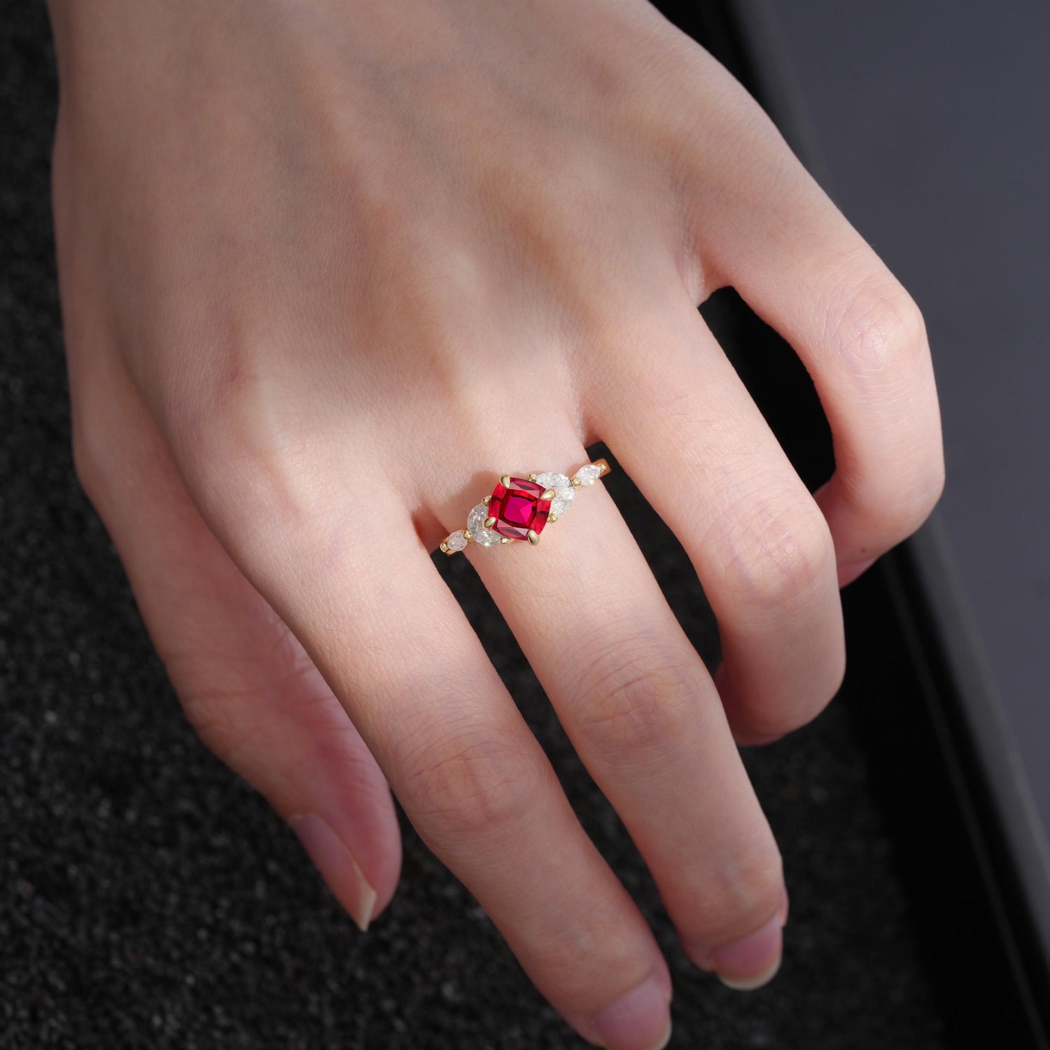 Vintage-Inspired Princess Cut Ruby Cluster Engagement Ring - Additional view