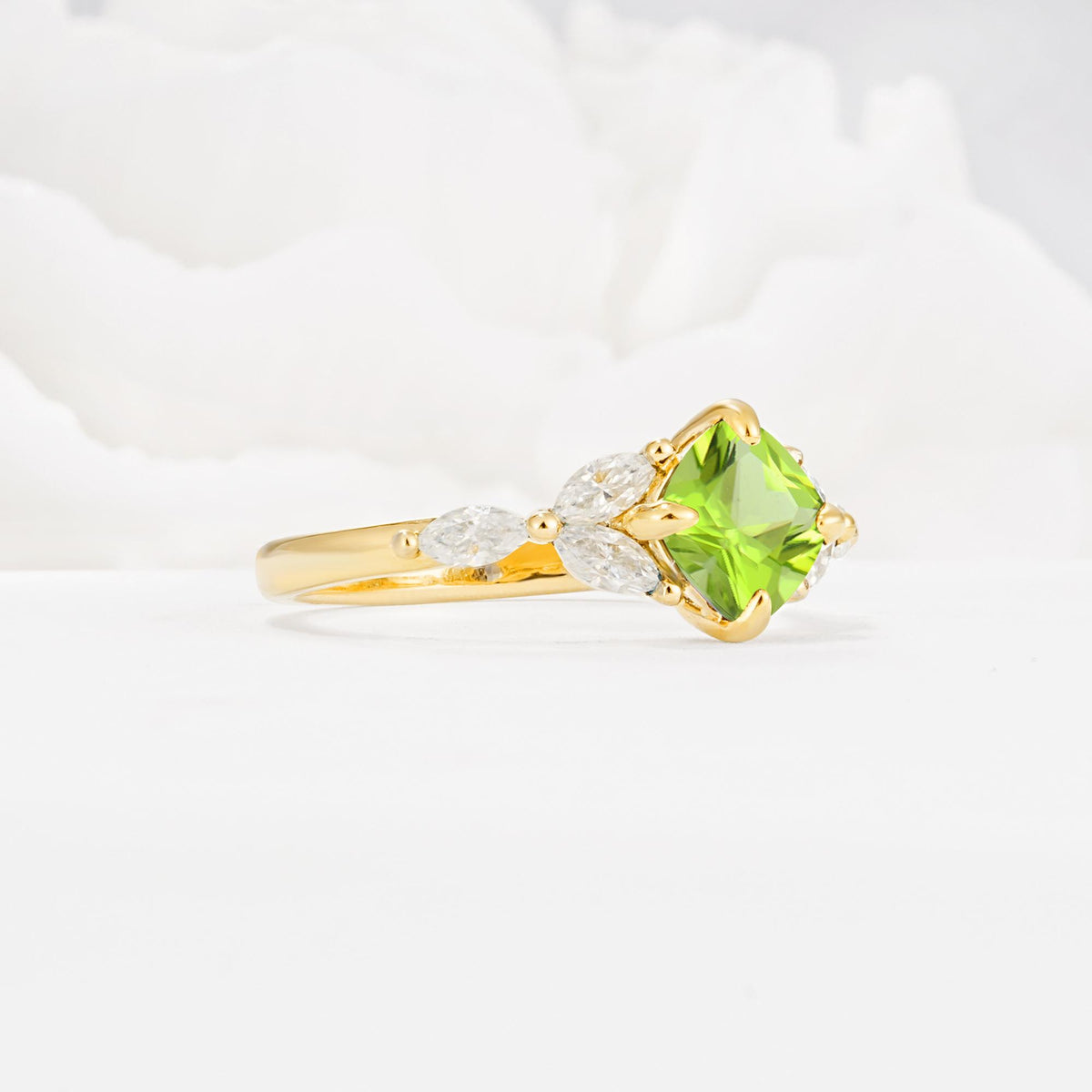 Vintage-Inspired Princess Cut Peridot Cluster Engagement Ring - Additional view