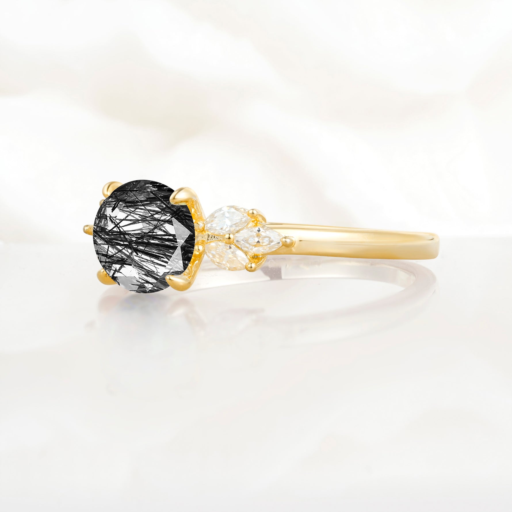 SR11590 Black Rutilated Quartz Ring - White-Gold