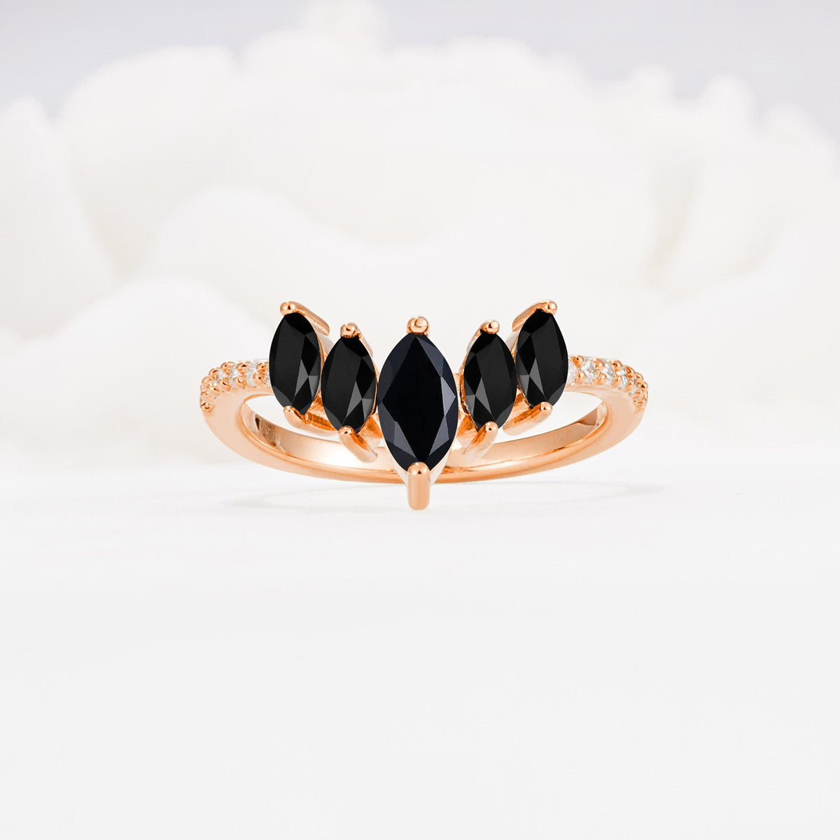 Marquise Cut Black Onyx Tiara Engagement Ring with Pavé Band - Additional view