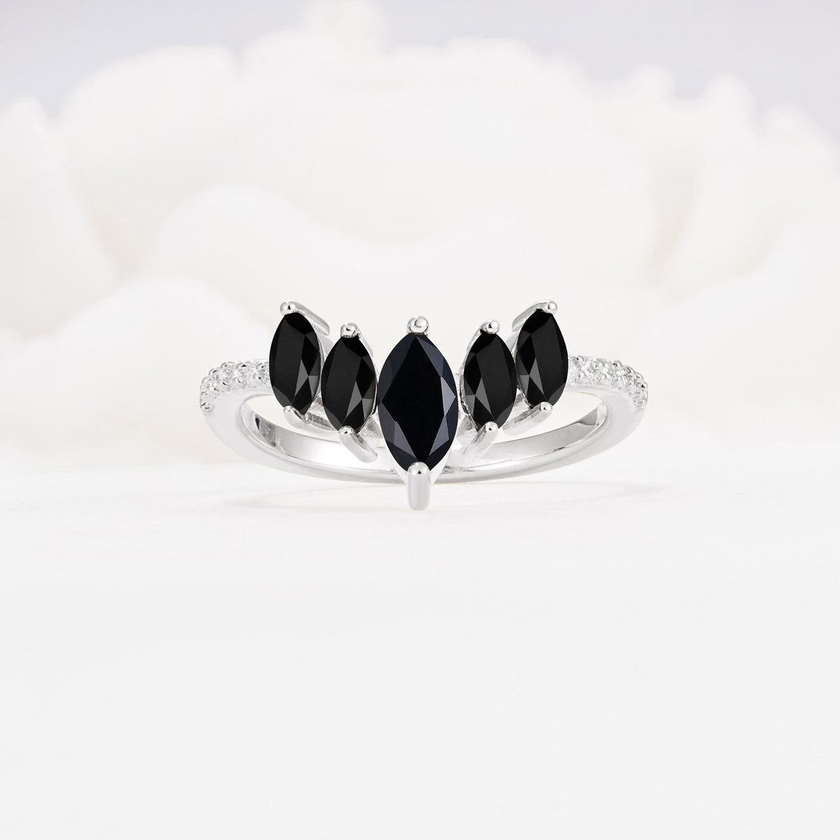 Marquise Cut Black Onyx Tiara Engagement Ring with Pavé Band - Additional view