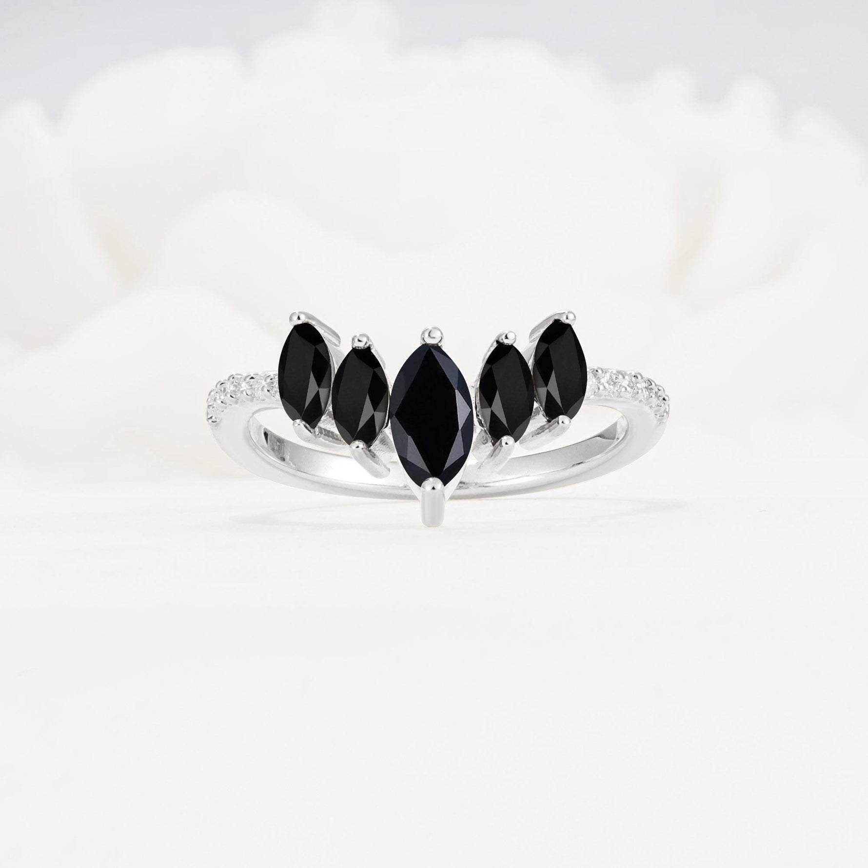 Marquise Cut Black Onyx Tiara Engagement Ring with Pavé Band - Additional view