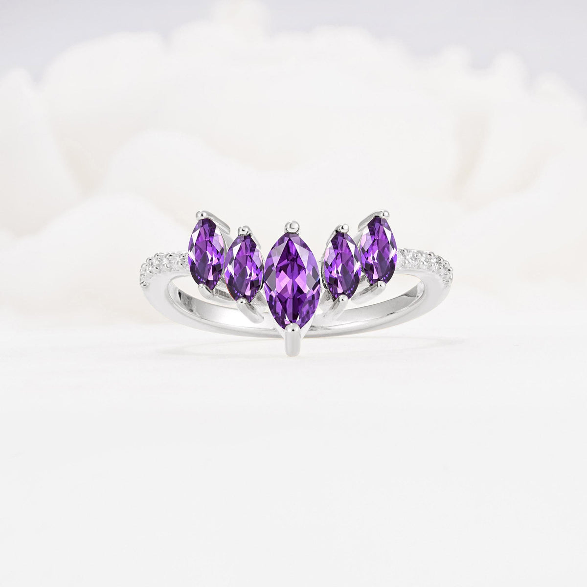 Marquise Cut Amethyst Tiara Engagement Ring with Pavé Band - Additional view
