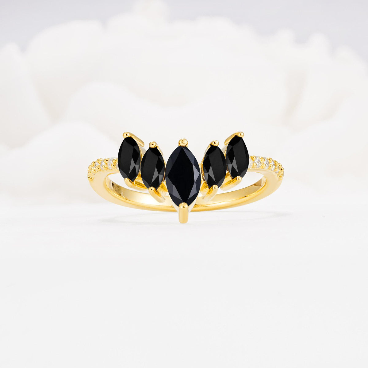 Marquise Cut Black Onyx Tiara Engagement Ring with Pavé Band - Additional view