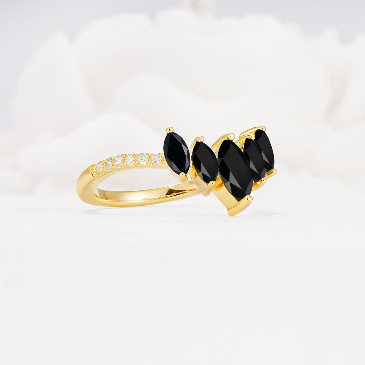 Marquise Cut Black Onyx Tiara Engagement Ring with Pavé Band - Additional view