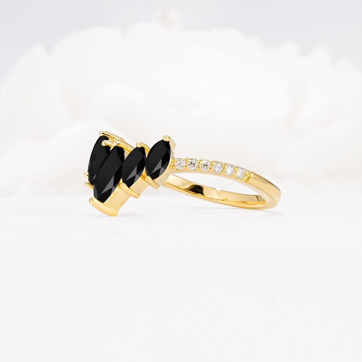 Marquise Cut Black Onyx Tiara Engagement Ring with Pavé Band - Additional view