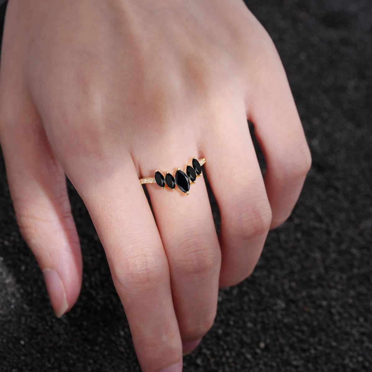 Marquise Cut Black Onyx Tiara Engagement Ring with Pavé Band - Additional view