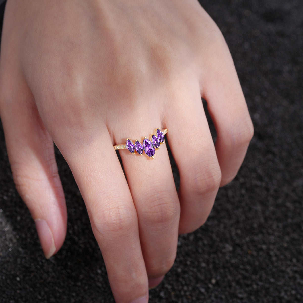 Marquise Cut Amethyst Tiara Engagement Ring with Pavé Band - Additional view