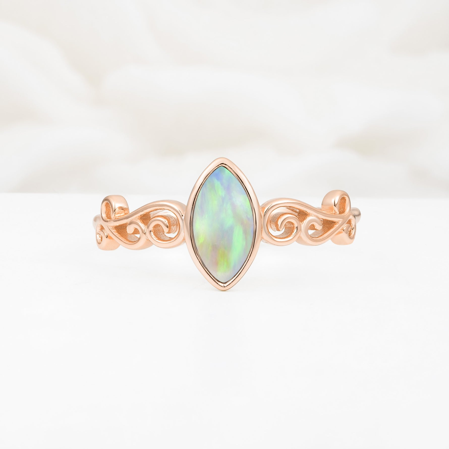 Vintage Marquise Cut Ornate Scroll Design Fire Opal Engagement Ring - Additional view