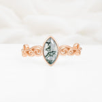 Vintage Marquise Cut Ornate Scroll Design Moss Agate Engagement Ring - Additional view