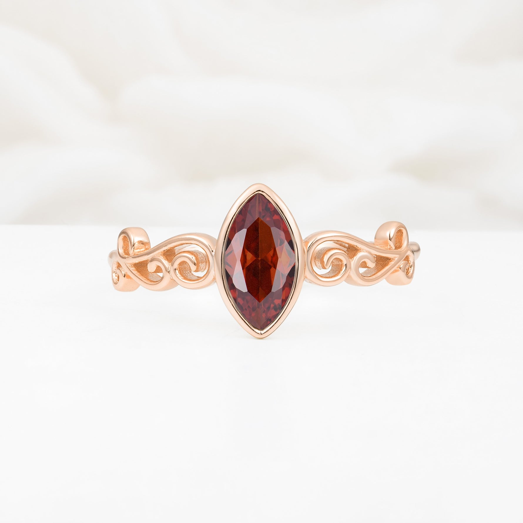 Vintage Marquise Cut Ornate Scroll Design Garnet Engagement Ring - Additional view