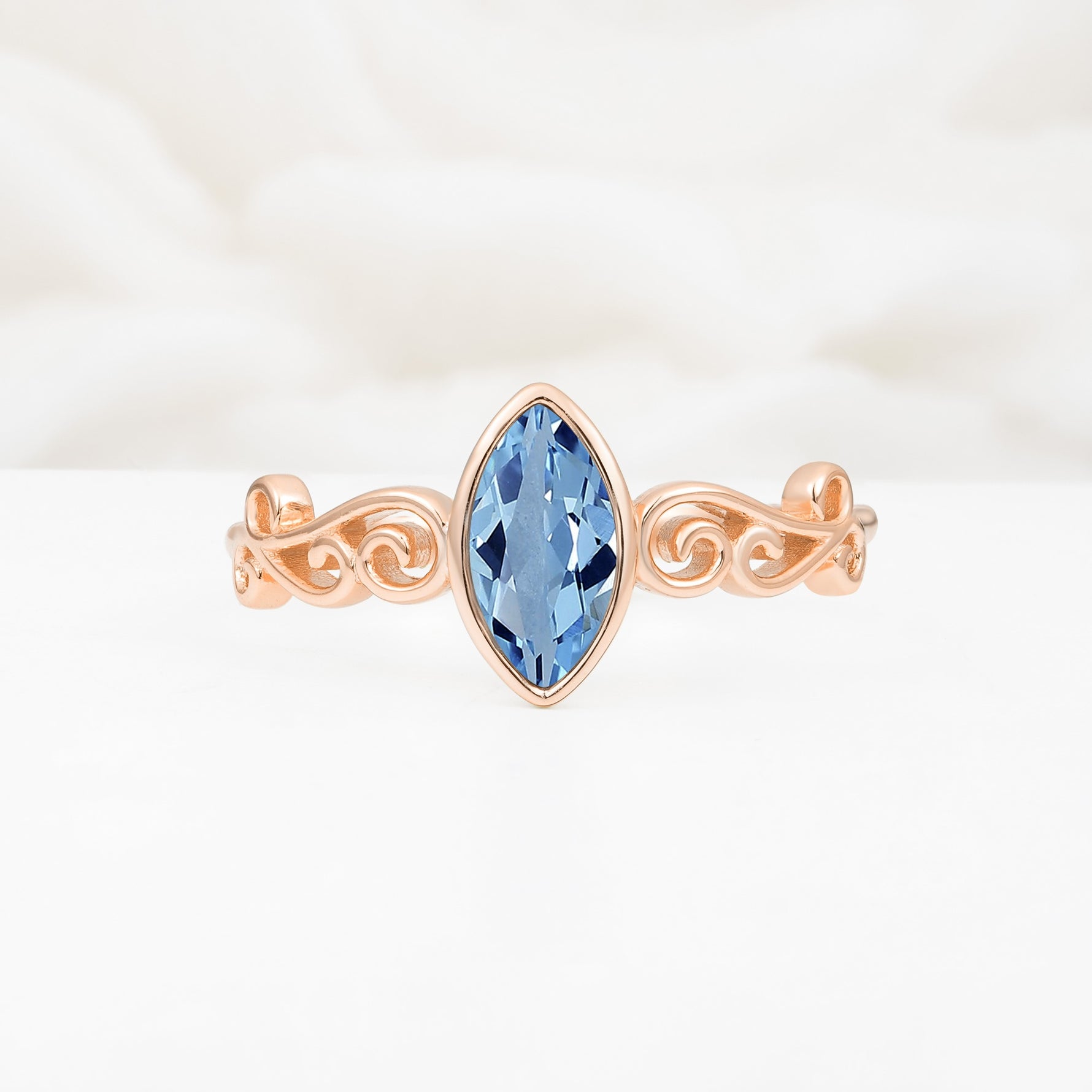 Vintage Marquise Cut Ornate Scroll Design Aquamarine Engagement Ring - Additional view