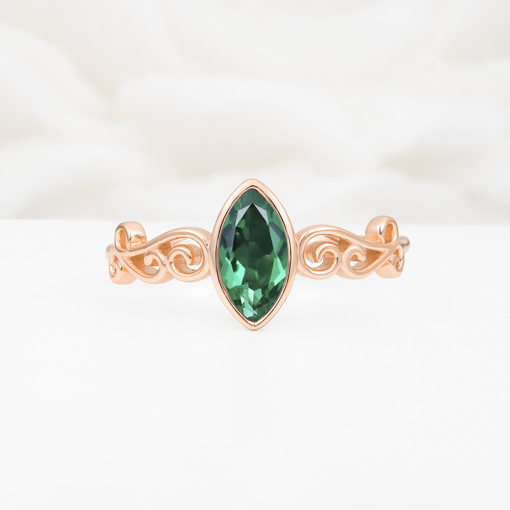 Vintage Marquise Cut Ornate Scroll Design Emerald Engagement Ring - Additional view