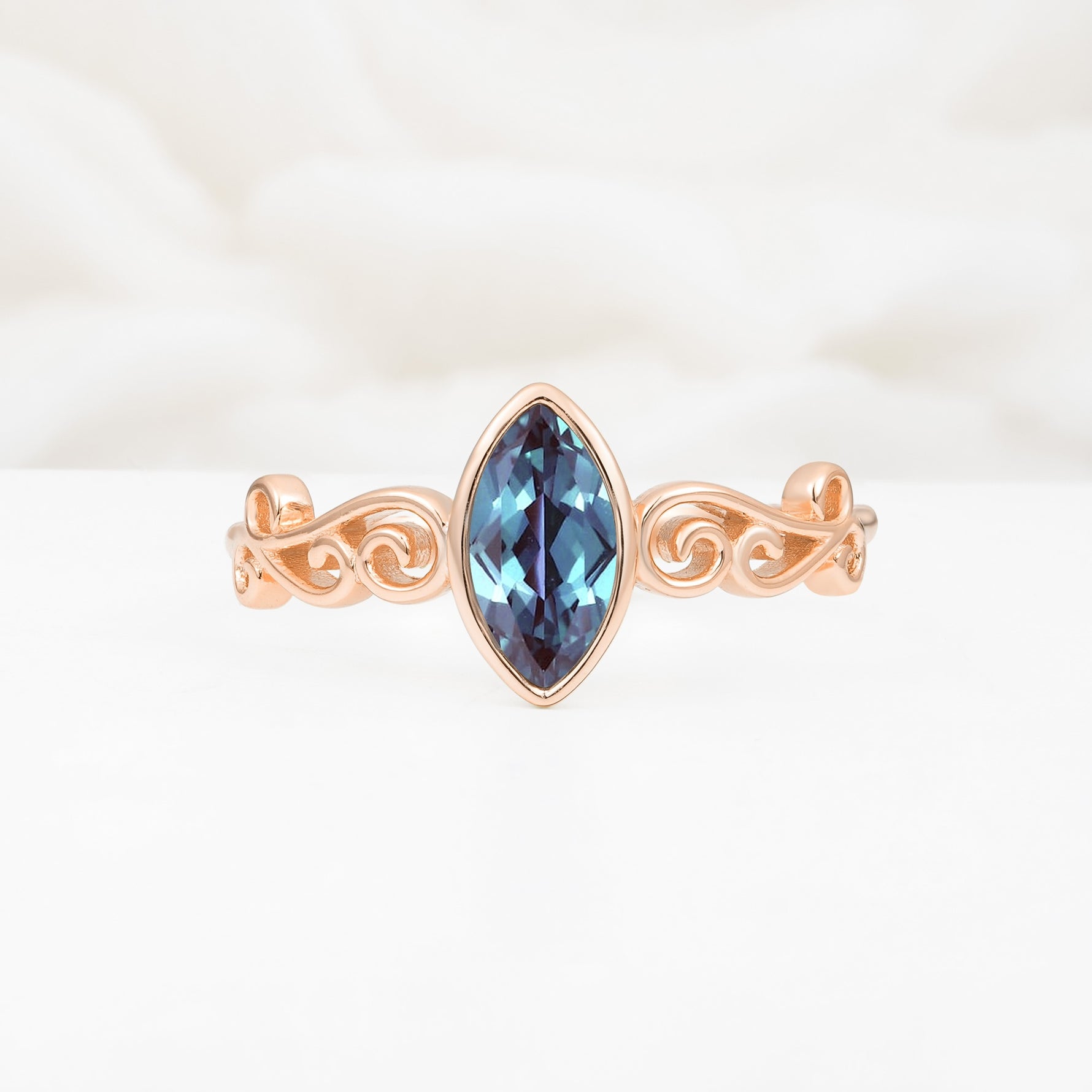 Vintage Marquise Cut Ornate Scroll Design Alexandrite Engagement Ring - Additional view