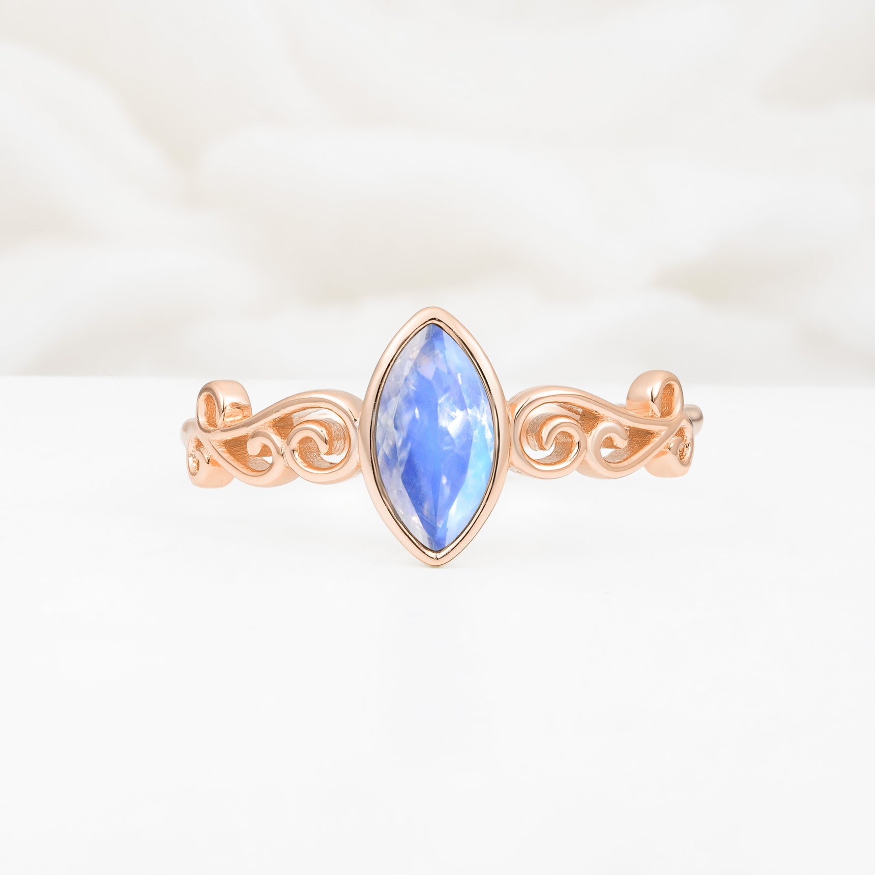 Vintage Marquise Cut Ornate Scroll Design Moonstone Engagement Ring - Additional view