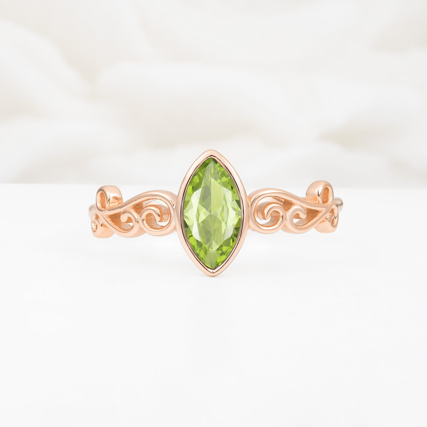 Vintage Marquise Cut Ornate Scroll Design Peridot Engagement Ring - Additional view