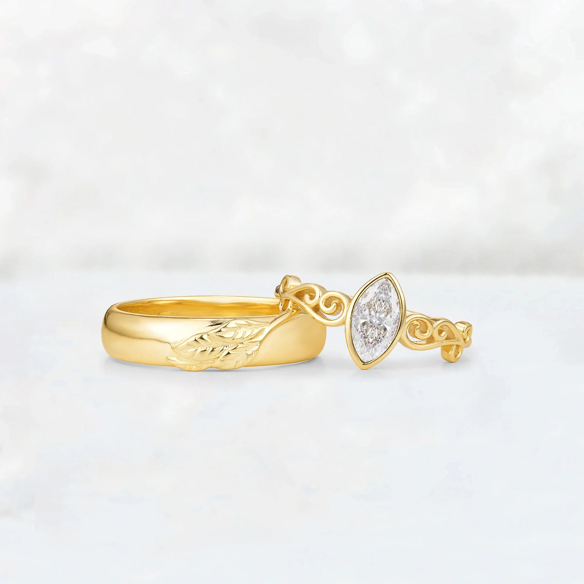 Celtic Vine Marquise Moissanite His and Hers Couple Ring