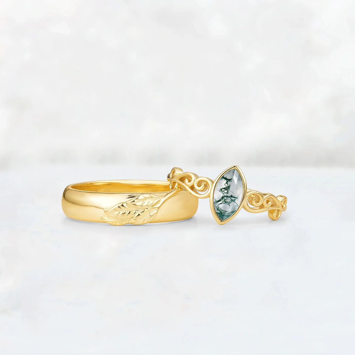 Celtic Vine Marquise Moss Agate His and Hers Couple Ring