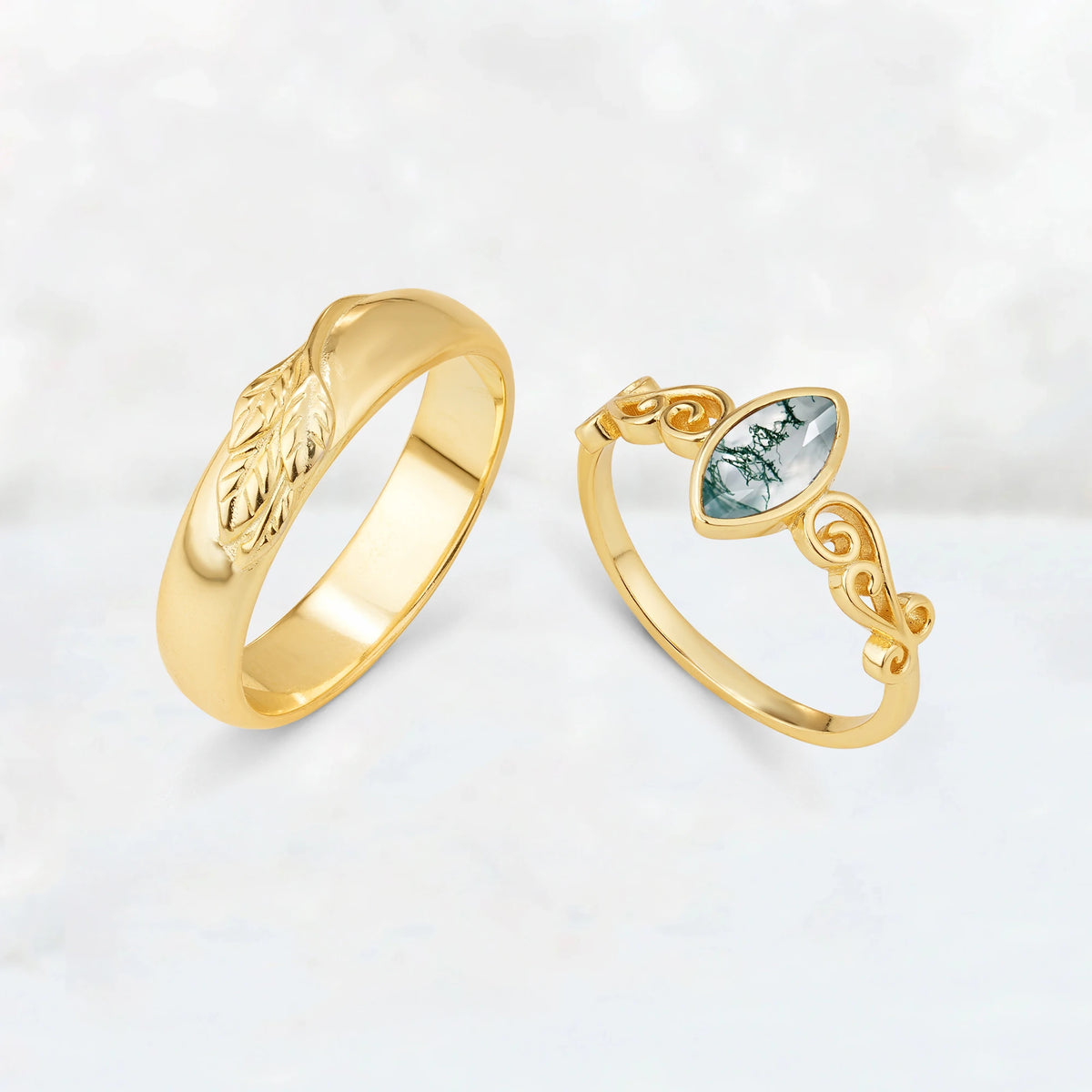 Celtic Vine Marquise Moss Agate His and Hers Couple Ring