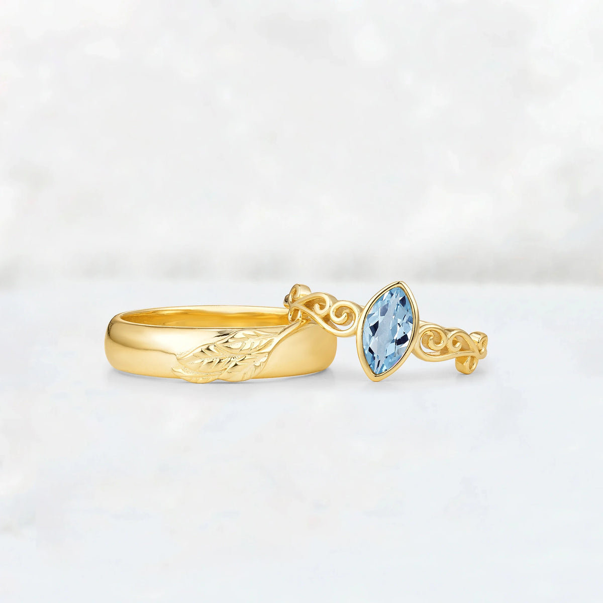 Celtic Vine Marquise Aquamarine His and Hers Couple Ring