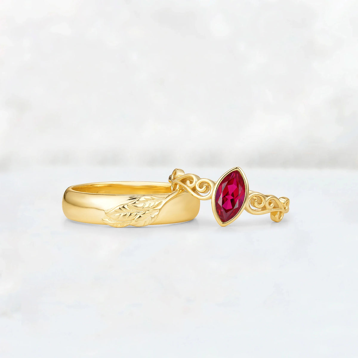 Celtic Vine Marquise Ruby His and Hers Couple Ring