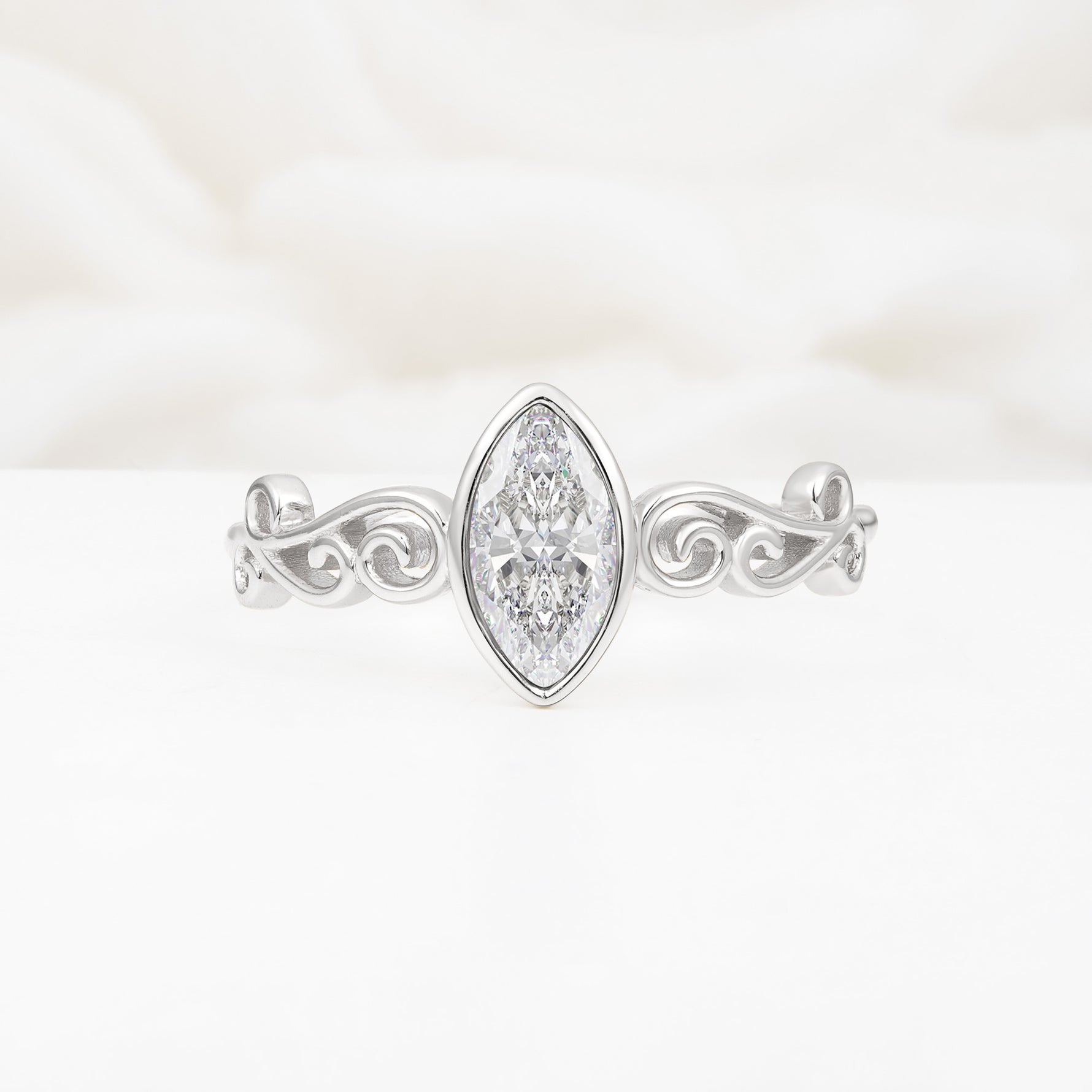 Vintage Marquise Cut Ornate Scroll Design Moissanite Engagement Ring - Additional view