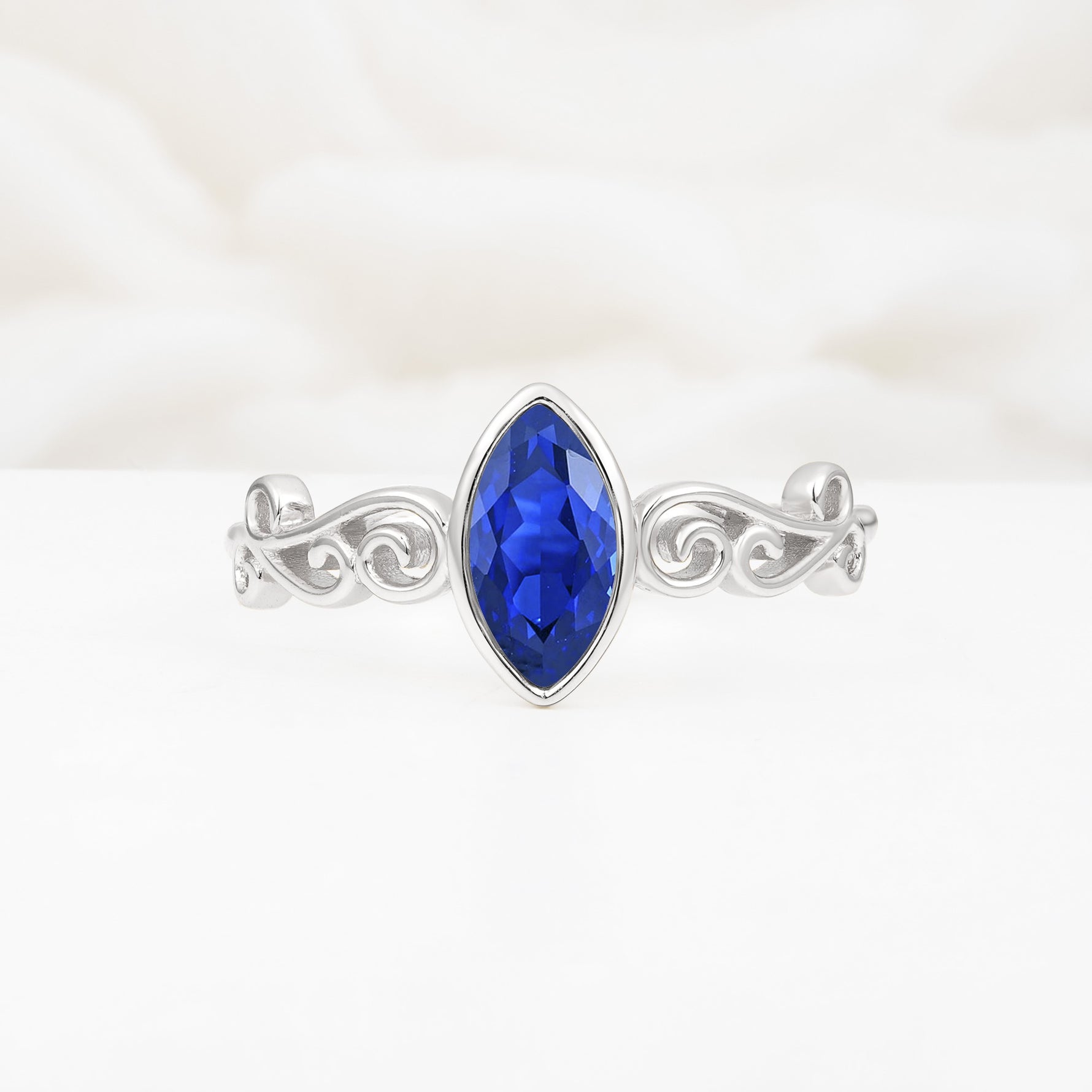 Vintage Marquise Cut Ornate Scroll Design Sapphire Engagement Ring - Additional view