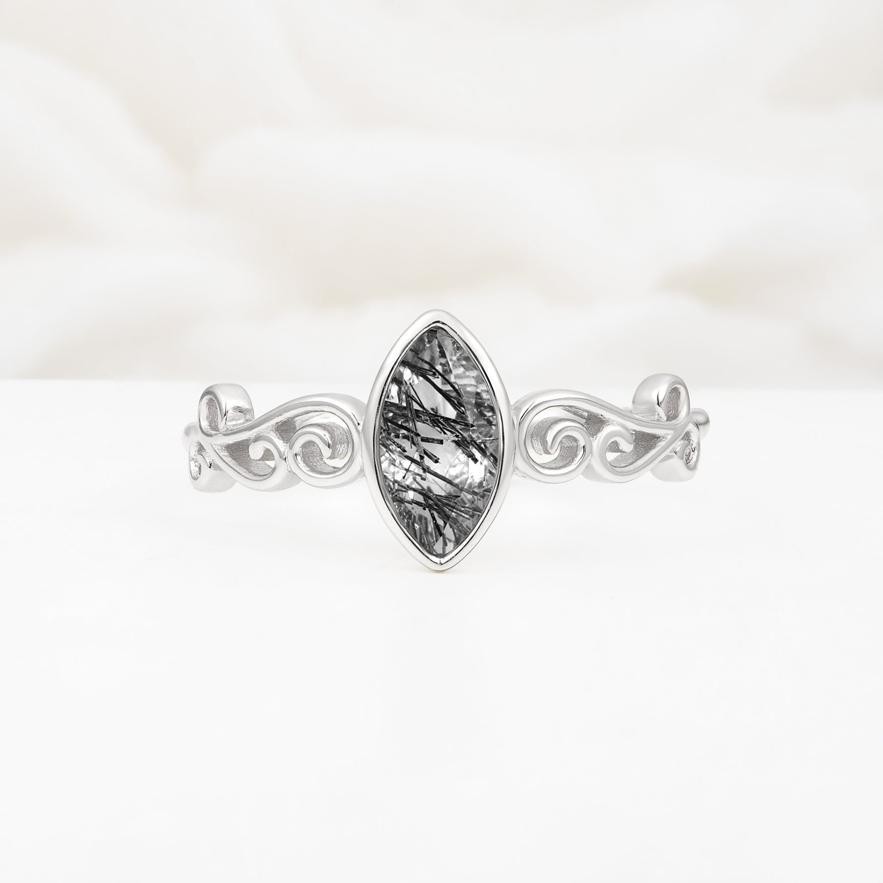 Vintage Marquise Cut Ornate Scroll Design Black Rutilated Quartz Engagement Ring - Additional view