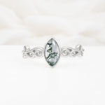 Vintage Marquise Cut Ornate Scroll Design Moss Agate Engagement Ring - Additional view