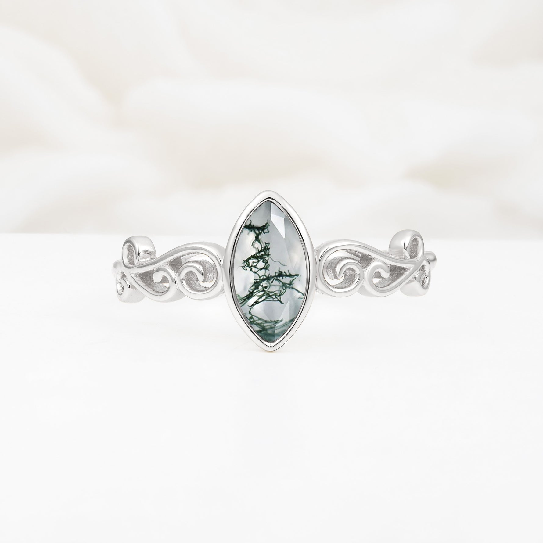 Vintage Marquise Cut Ornate Scroll Design Moss Agate Engagement Ring - Additional view