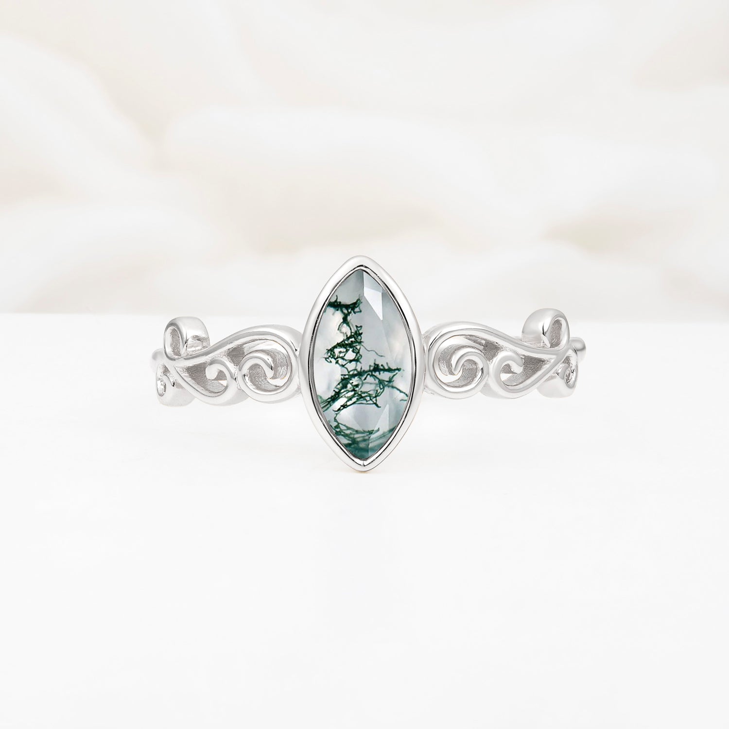 Vintage Marquise Cut Ornate Scroll Design Moss Agate Engagement Ring
