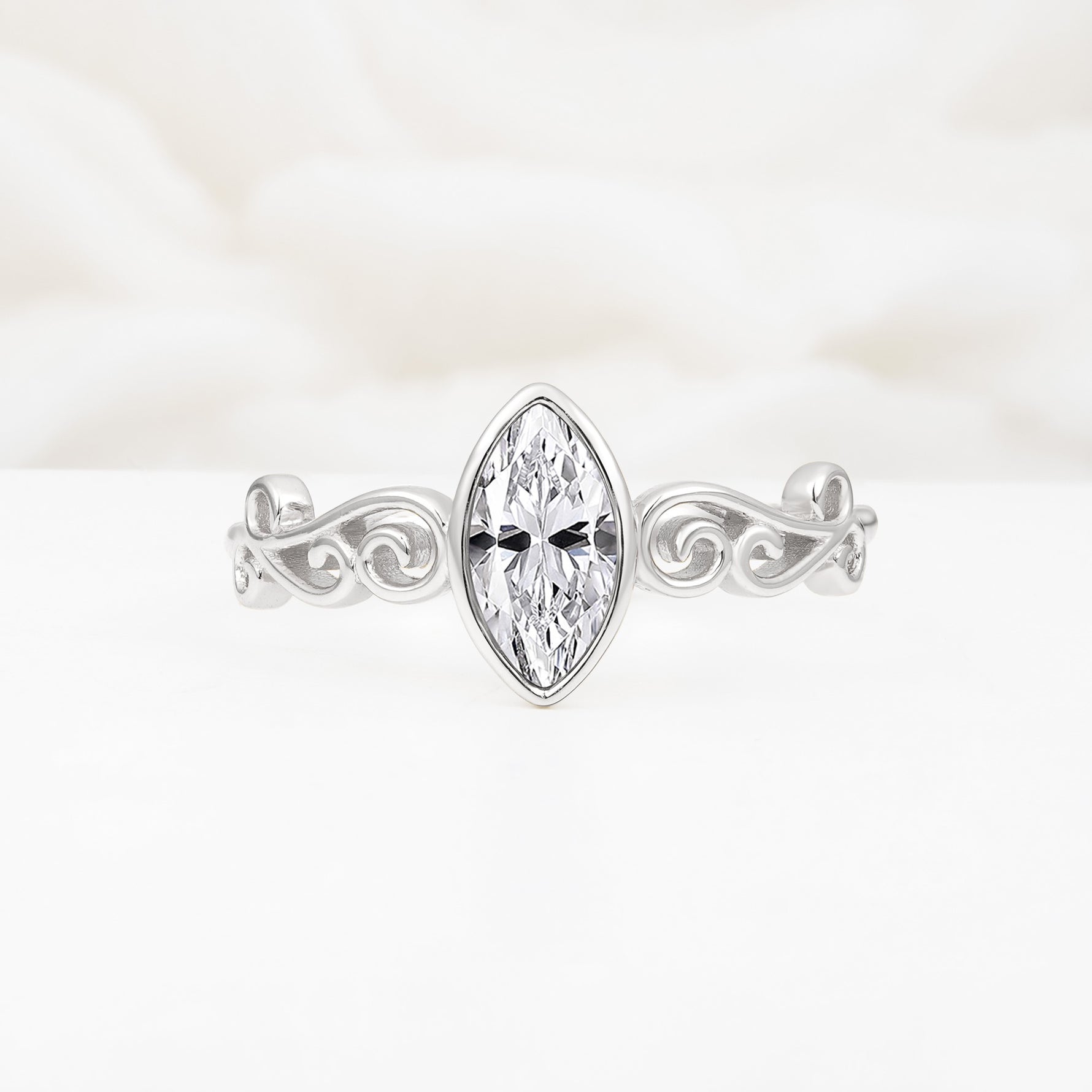 Vintage Marquise Cut Ornate Scroll Design Lab Diamond Engagement Ring - Additional view