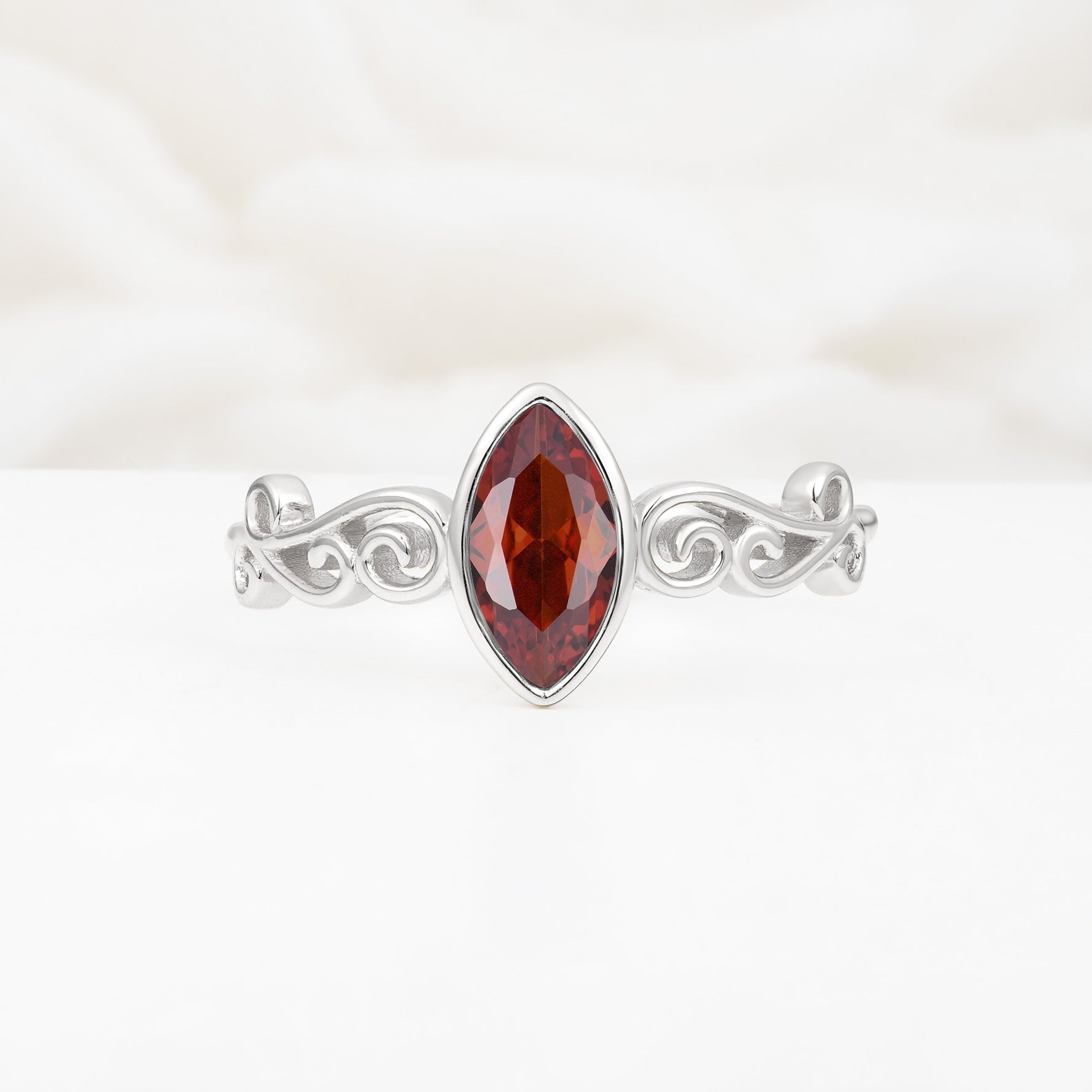 Vintage Marquise Cut Ornate Scroll Design Garnet Engagement Ring - Additional view