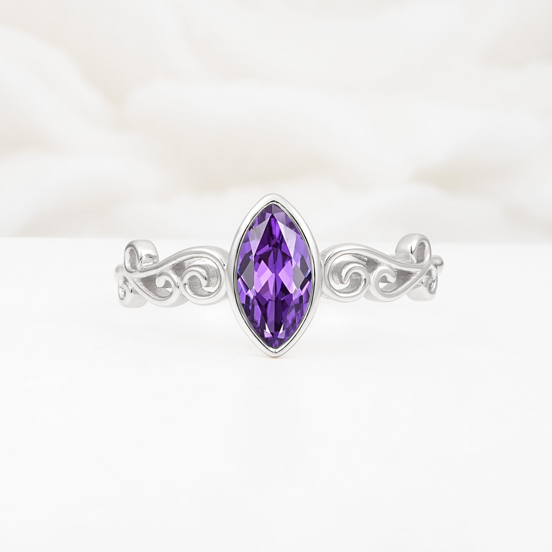 Vintage Marquise Cut Ornate Scroll Design Amethyst Engagement Ring - Additional view