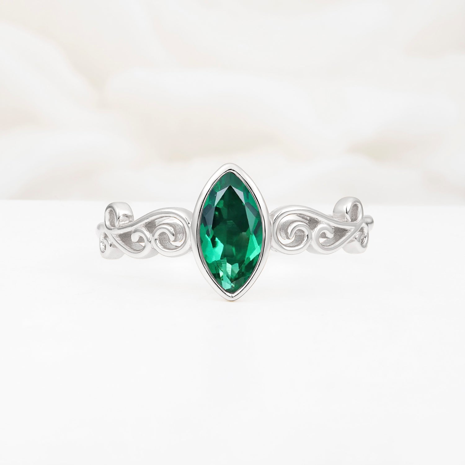 Vintage Marquise Cut Ornate Scroll Design Emerald Engagement Ring