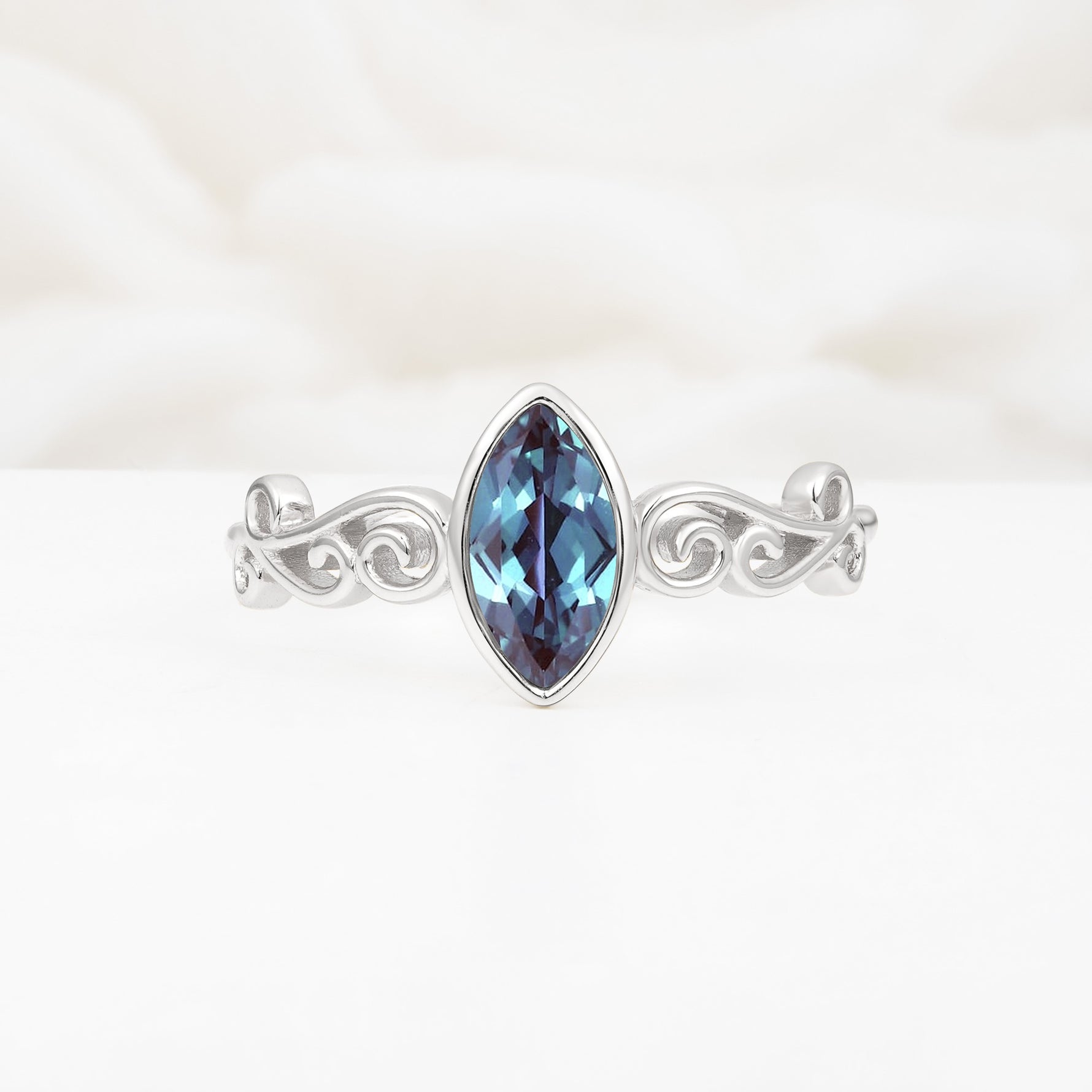Vintage Marquise Cut Ornate Scroll Design Alexandrite Engagement Ring - Additional view