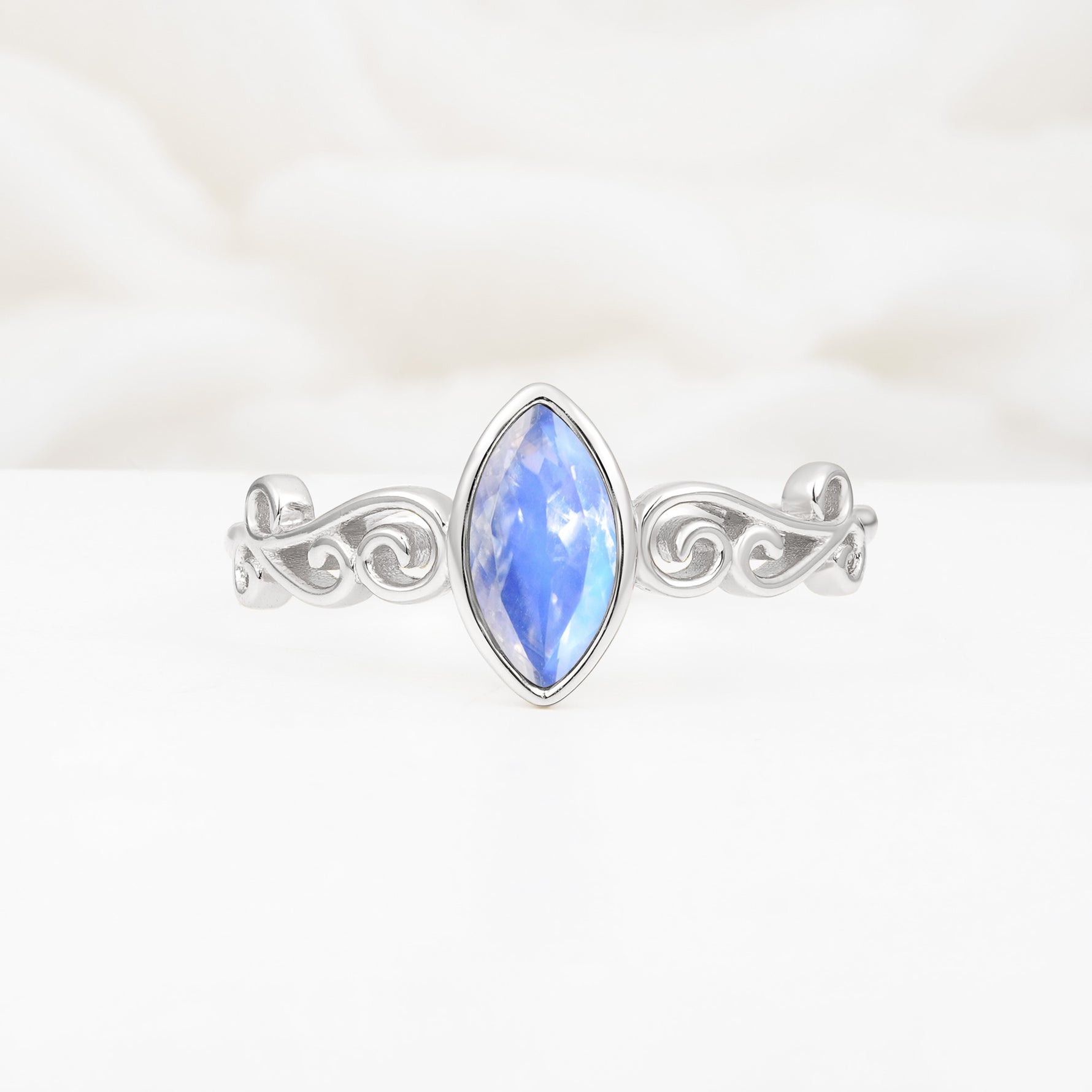 Vintage Marquise Cut Ornate Scroll Design Moonstone Engagement Ring - Additional view