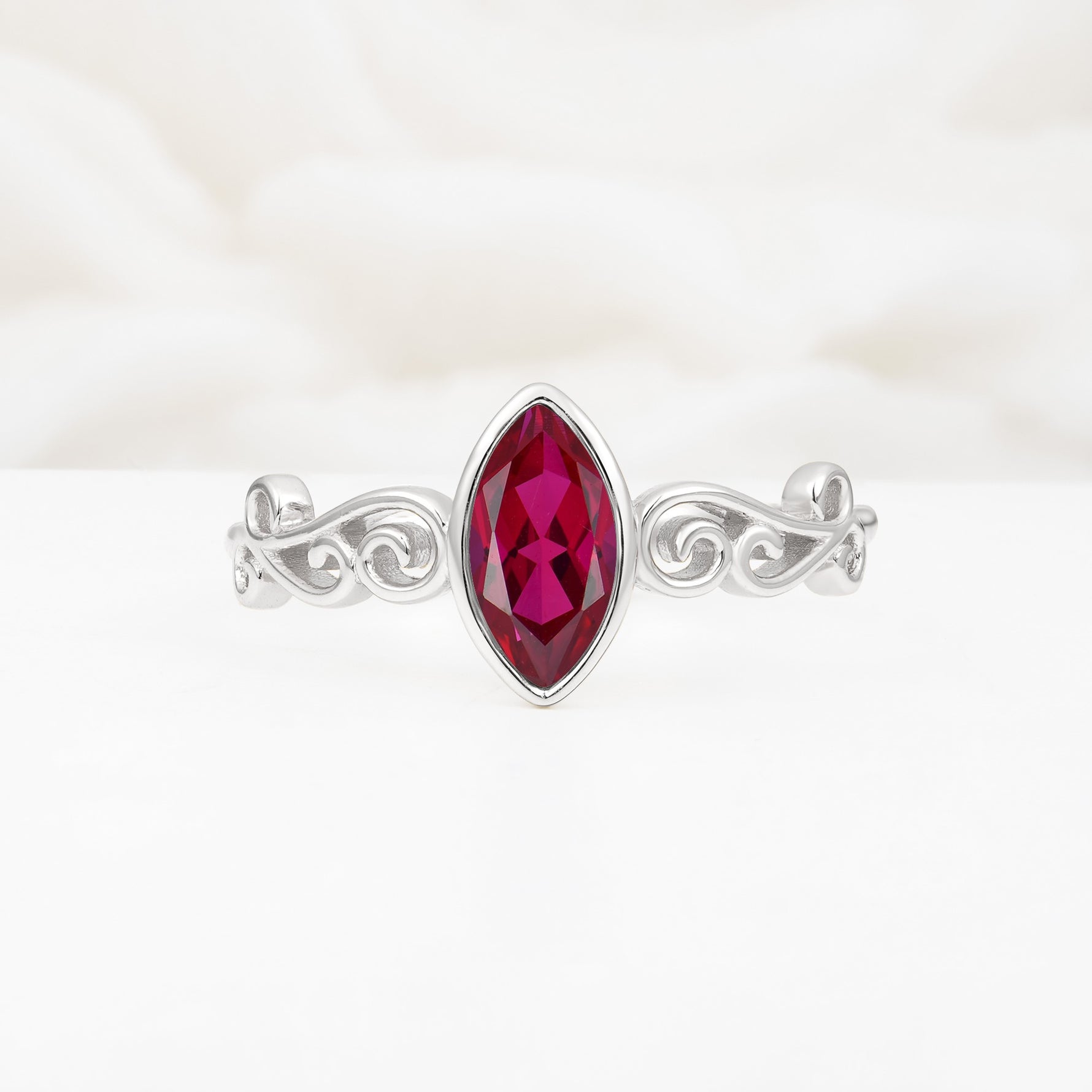 Vintage Marquise Cut Ornate Scroll Design Ruby Engagement Ring - Additional view