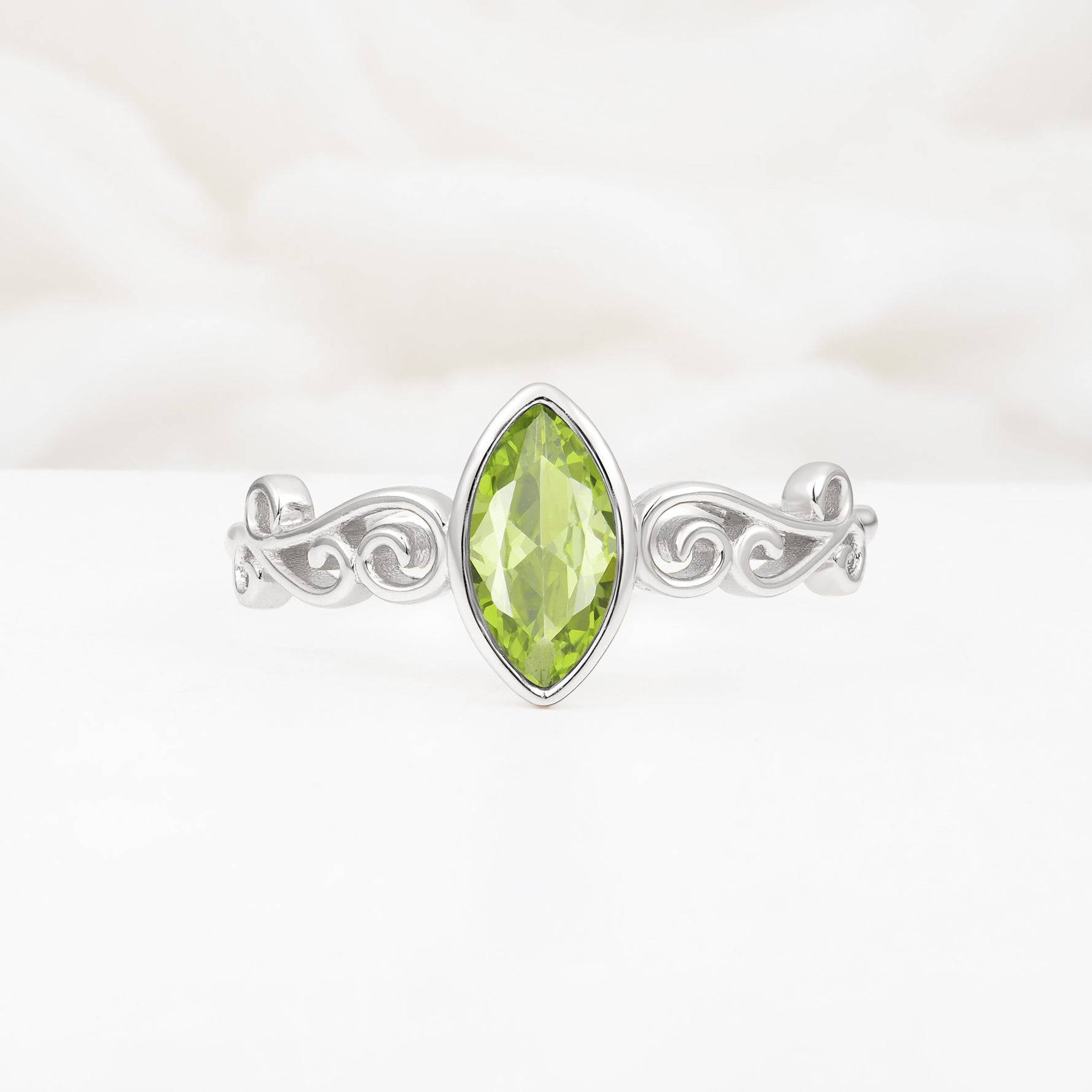Vintage Marquise Cut Ornate Scroll Design Peridot Engagement Ring - Additional view