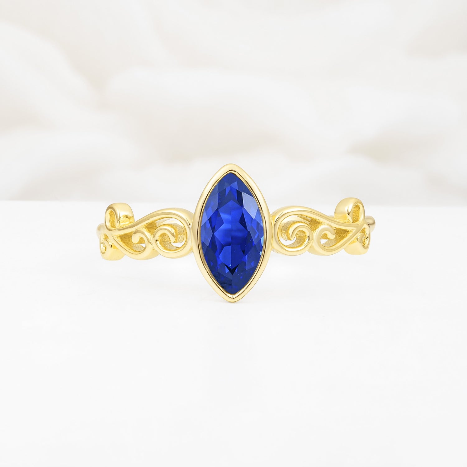 Vintage Marquise Cut Ornate Scroll Design Sapphire Engagement Ring - Additional view