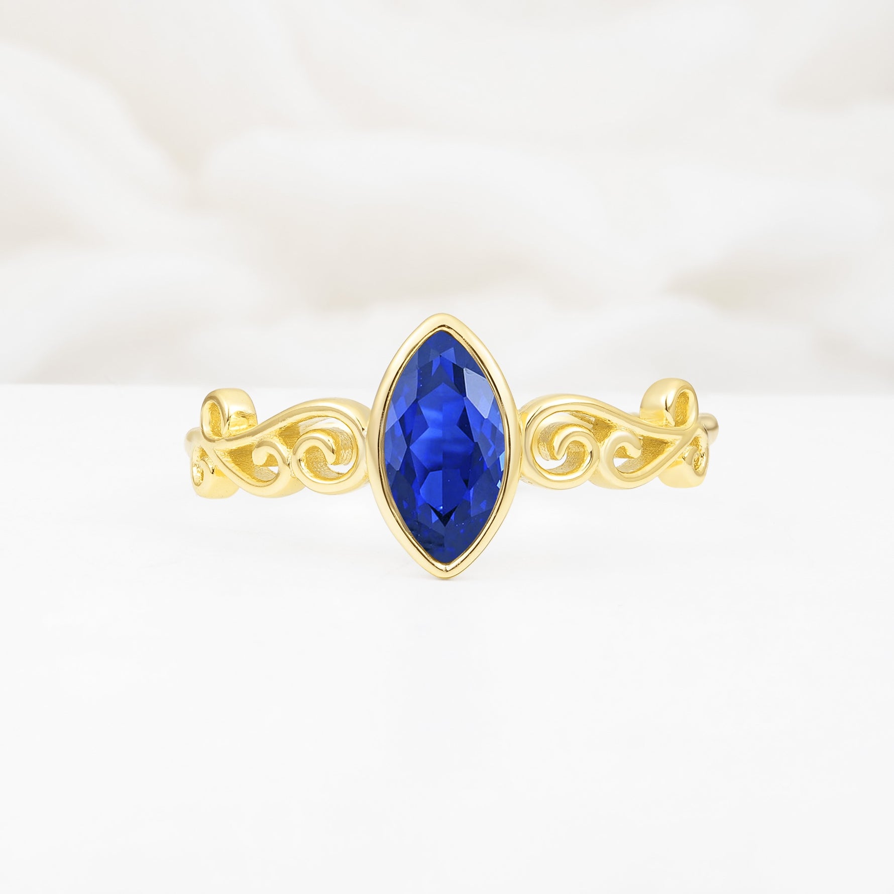 Vintage Marquise Cut Ornate Scroll Design Sapphire Engagement Ring - Additional view