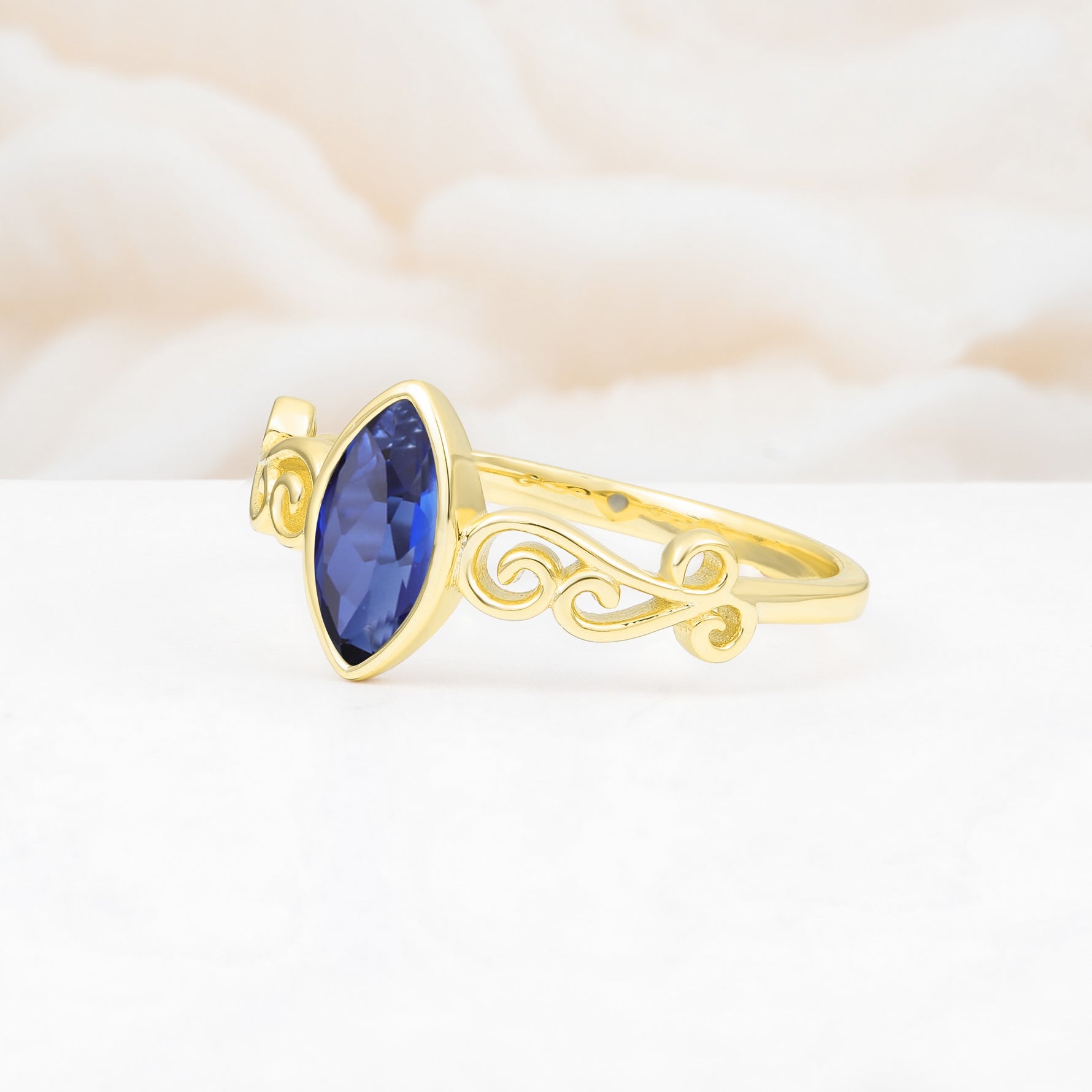 Vintage Marquise Cut Ornate Scroll Design Sapphire Engagement Ring - Additional view