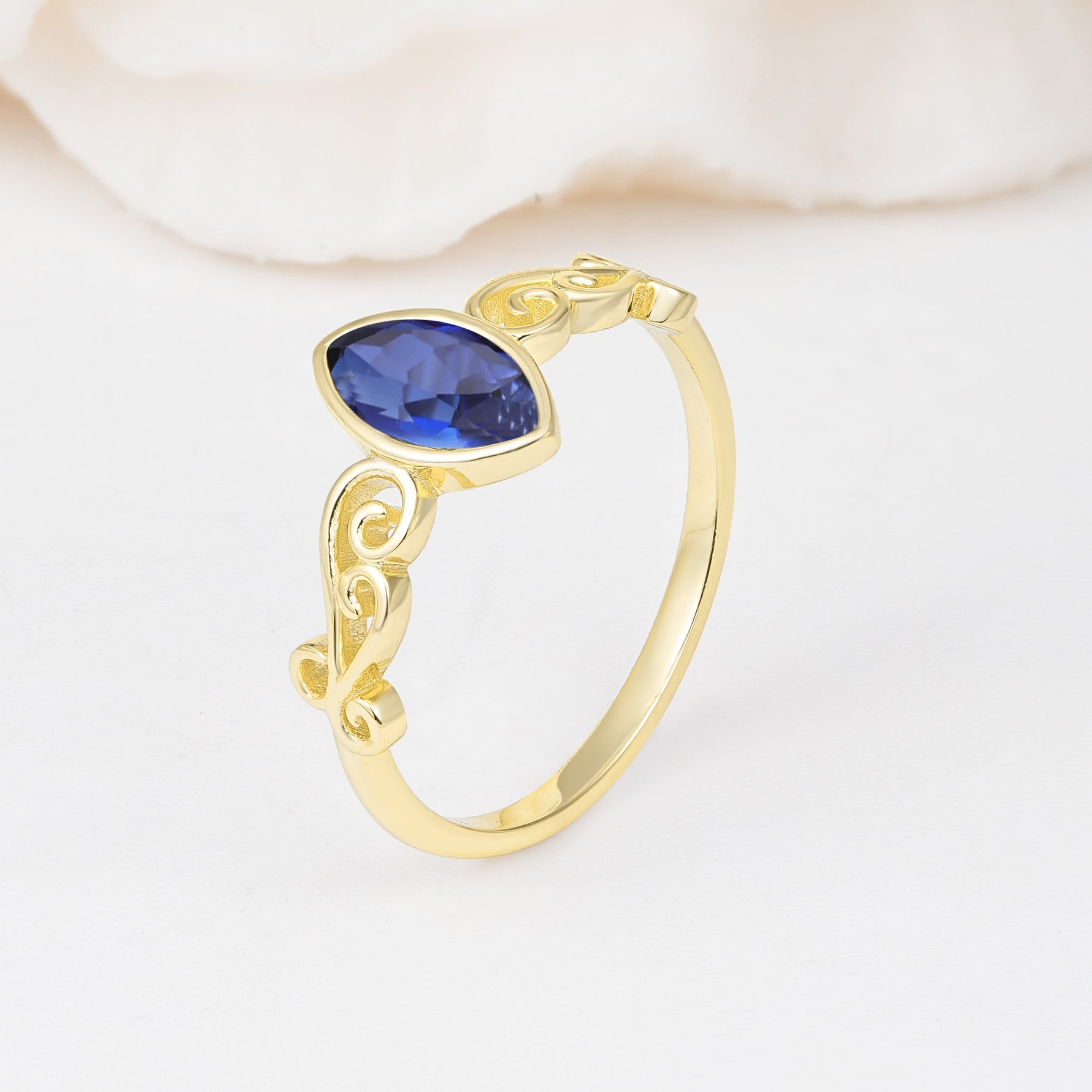 Vintage Marquise Cut Ornate Scroll Design Sapphire Engagement Ring - Additional view