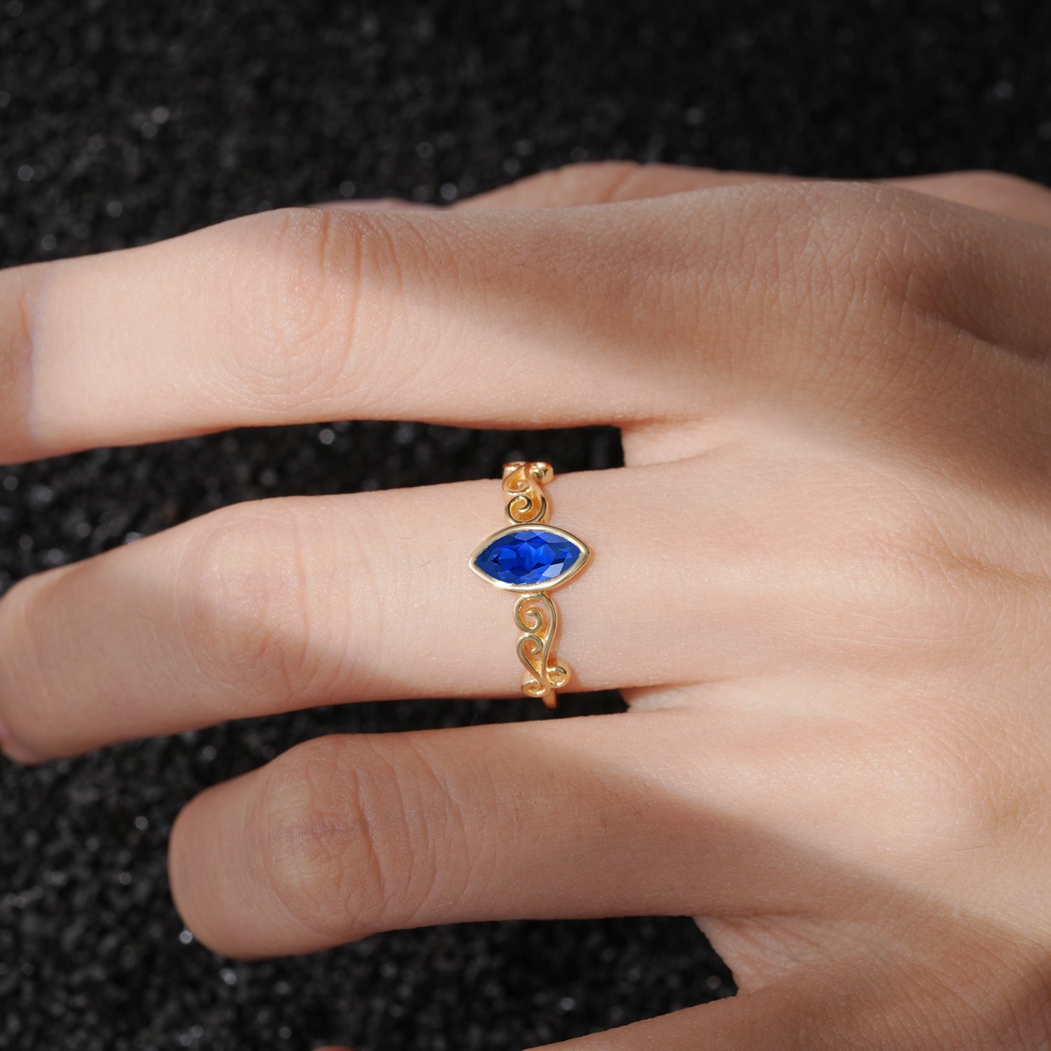 Vintage Marquise Cut Ornate Scroll Design Sapphire Engagement Ring - Additional view