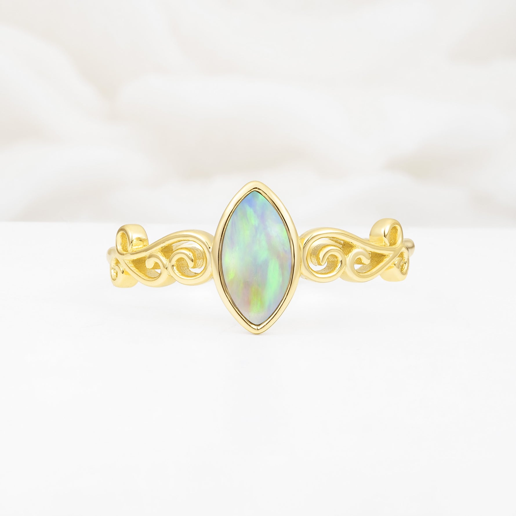 Vintage Marquise Cut Ornate Scroll Design Fire Opal Engagement Ring - Additional view