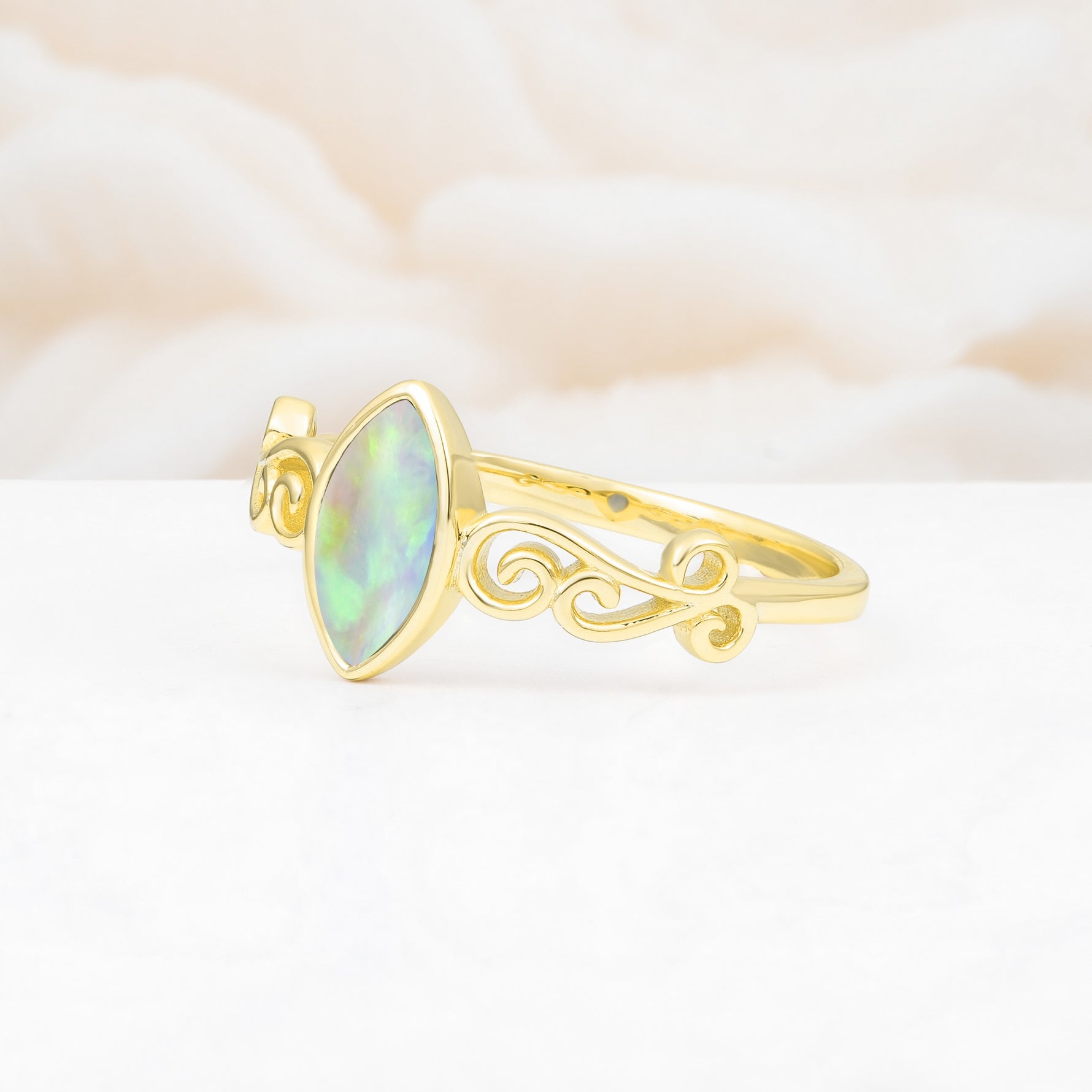 Vintage Marquise Cut Ornate Scroll Design Fire Opal Engagement Ring - Additional view