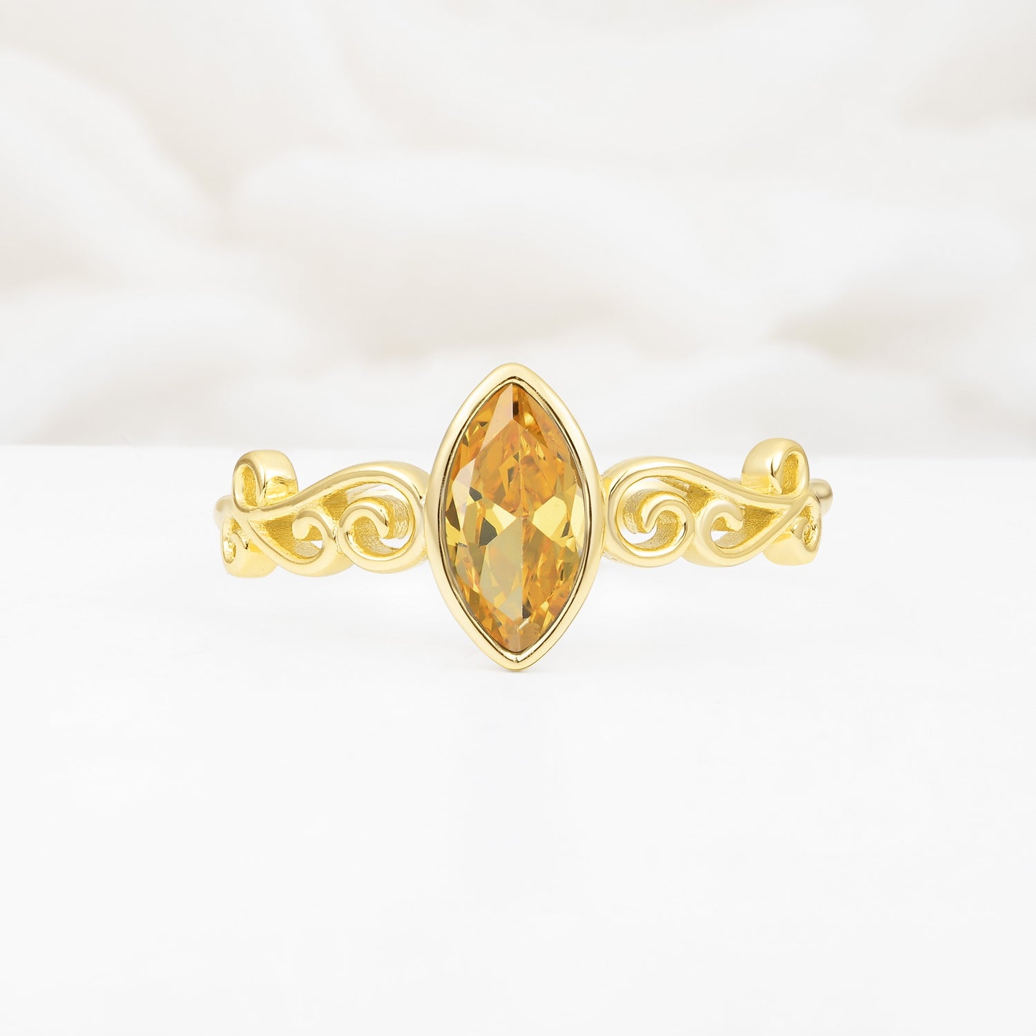Vintage Marquise Cut Ornate Scroll Design Citrine Engagement Ring - Additional view
